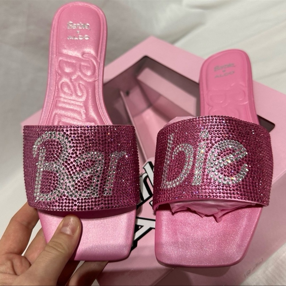 Aldo x Barbie Barbieville Pink Satin Rhinestone Flat Slide Sandals‎ New Woman’s